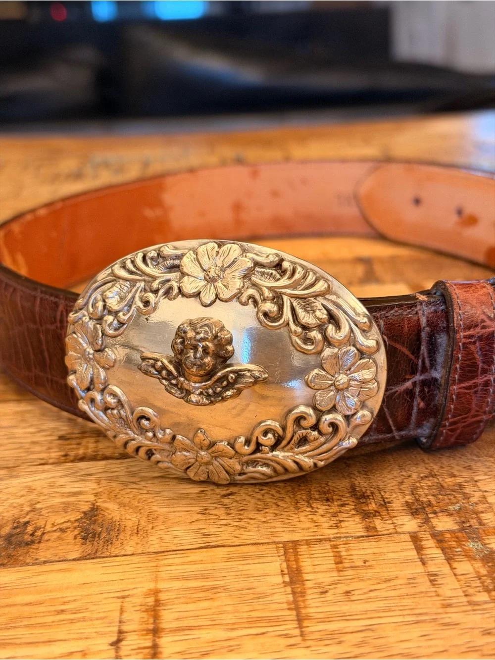 Vintage Lady Nadim Alligator Embossed Leather Belt